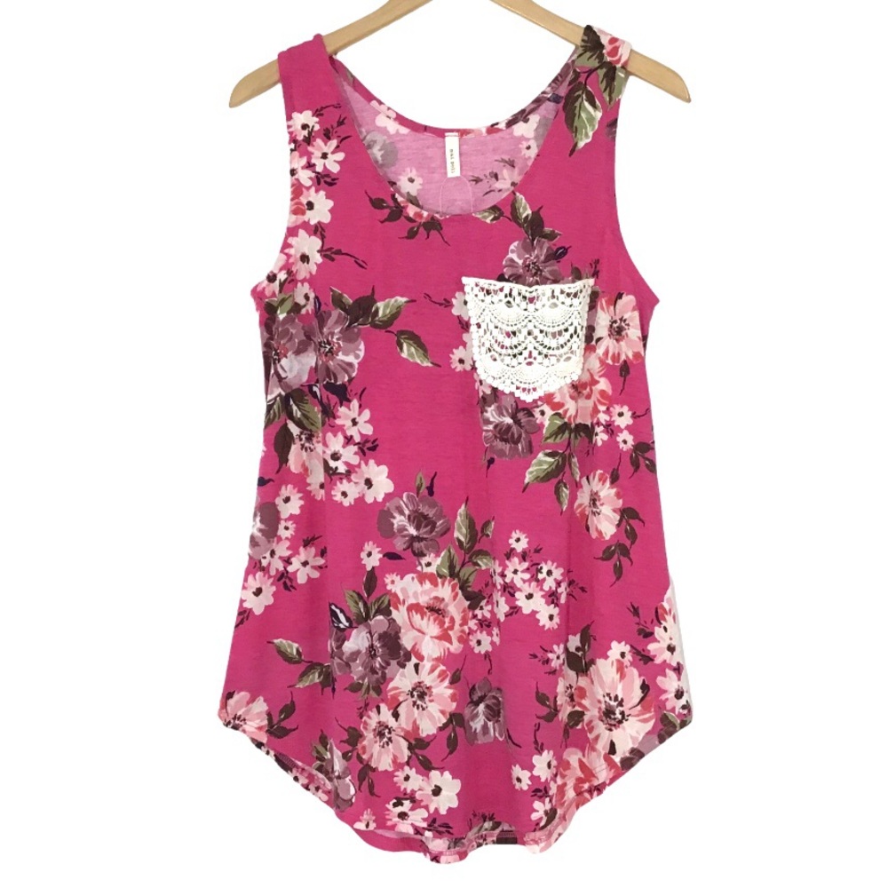 Mai Soli Floral Long Length Tank Top Size M Lace Pocket Made In USA New NWT